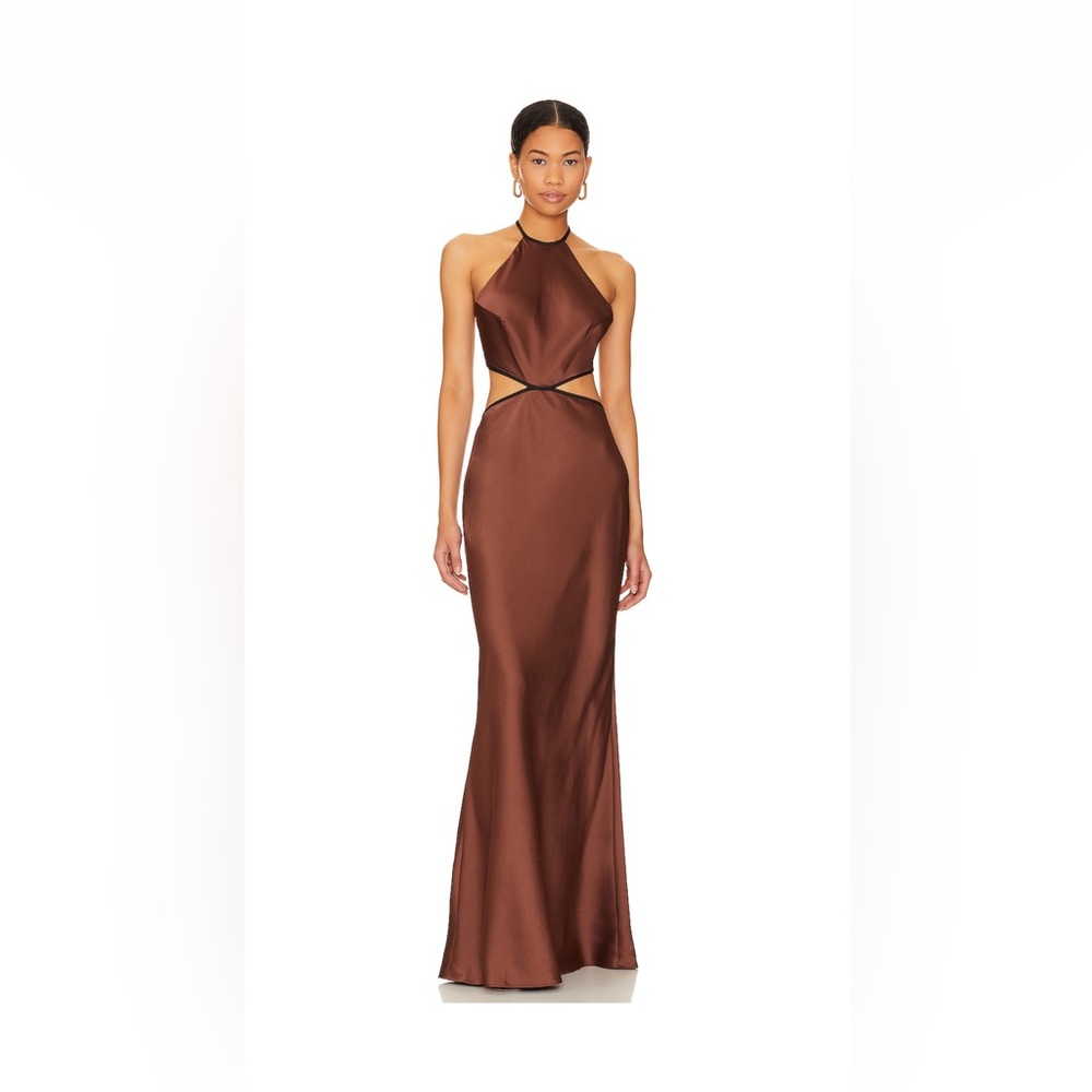 MISHA COLLECTION Brown Satin Halter Maxi Dress with Side Cutouts